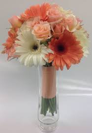 Coral And Peach Bridesmaid Bouquet With Gerbera Daisies Roses And Spray Roses By Nancy Flower Bouquet Wedding Daisy Wedding Flowers Daisy Flower Arrangements