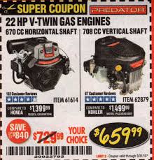 Current harbor freight predator engine coupon. Harbor Freight Tools Coupon Database Free Coupons 25 Percent Off Coupons Toolbox Coupons Predator 22 Hp V Twin Gas Engines 670 Cc Horizontal Shaft Or 708 Cc Vertical Shaft