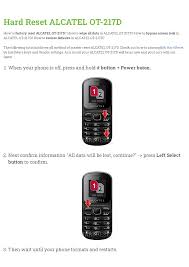 From now on, we plan to unlock devices for three readers (which will be chosen randomly from those who share our posts or leave comments) for free each month. Hard Reset Alcatel Ot 217d Manualzz