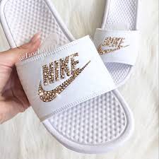 Black And Gold Nike Slides Toddler Swarovski Nike Benassi Jdi Slides Sandals Customized With Rose Gold Swarovski Crystals Swarovski Crystal Shoes Sparkly Shoes Nike Slippers