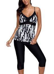 Womens Color Block Printed Criss Cross Back Tankini Swimsuits With Swim Capris M Xxxl Black Cw186gr9its Tankini Swimsuits For Women Tankini Swimsuits Swim Capris