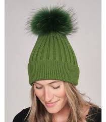 Coco Green Rib Knit Beanie Hat with Finn Raccoon Pom Pom