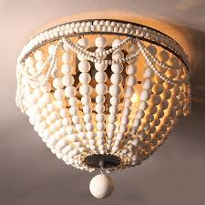 Retro Farmhouse Distressed Blue White Wood Bead Cascade 3 Light Dome Shaped Flush Mount Ceiling Light In Rust Flush Mount Ceiling Lights Wood Bead Chandelier Flush Mount Ceiling