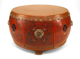 Pierced antique brass drum table lamp shade. Asian Chinese Coromandel Drum Coffee Table