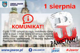 17 sygnał alarmowy syren (dźwięk modulowany trwający 3 minuty) upamiętni 77. W Srode 1 Sierpnia W Jaworze Zawyja Syreny Alarmowe Jawor