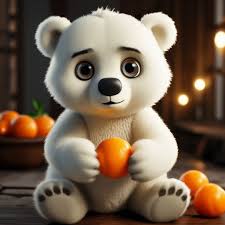 Cartoon white bear with big eyes with mandarin" — image created in Shedevrum