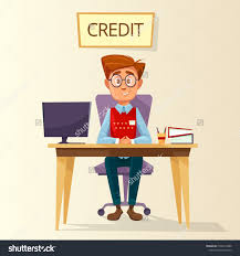Vector Cartoon Manager Bank Employee Clerk Sitting At Workplace In Bank Credit Office Young Male Business Man Characte Office Cartoon Cartoon Mortgage Humor
