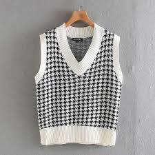 Warm cardigan sweater features a highly embossed pattern stitch. Women Fashion Knitted Vest Sweater V Neck Sleeveless Houndstooth Loose Female Waistcoat Chic Tops Buy At A Low Prices On Joom E Commerce Platform