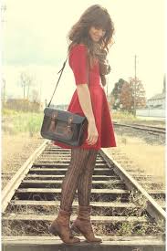 Red Black And Brown Outfits Dark Brown Vintage Boots Ruby Red Black Sheep Clothing Dress Fashion Chic Fall Outfits Little Red Dress