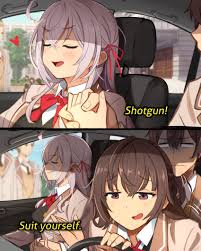 khyle., alisa mikhailovna kujou, kuze masachika, suou yuki, tokidoki  bosotto roshia-go de dereru tonari no alya-san, absurdres, highres, 1boy,  2girls, ahoge, bow, bowtie, breasts, brown hair, car interior, closed eyes,  closed mouth,