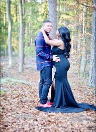 Couples Maternity Photos Black Red Blue Gown Dress Outdoors Woods Winter Maternity Black Dress Blue Gown Dress Maternity Dresses