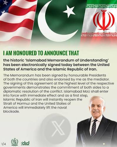 Prime Minister Shehbaz Sharif welcomes the Islamabad MoU as a historic  diplomatic breakthrough for peace and regional stability. “May this  Memorandum of Understanding serve as an enduring foundation
