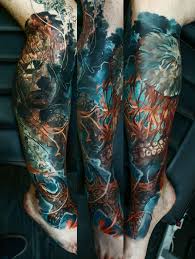Awesome octopus tattoo on leg calf. Colorful Illustrative Style Leg Tattoo Of Sunken Statue With Octopus And Jellyfish Tattooimages Biz