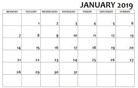 2019 January Calendar Monday Start Calendar Printables January Calendar Calendar Word