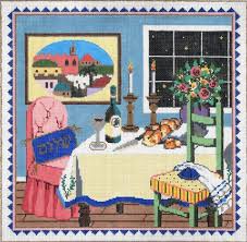 The stitcher counts the threads on a piece of evenweave fabric (such as linen). Needlepointus Shabbat Stitch Painted Needlepoint Canvas From Sandra Gilmore Judaica San18 137