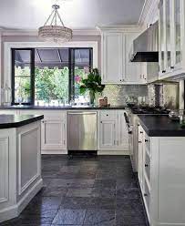 White Cabinets Grey Slate Flooring White Kitchen Design Gray And White Kitchen Kitchen Flooring