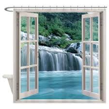 Open Window With Waterfall Veiw Shower Curtain On Cafepress Com Waterfall Shower Waterfall Christmas Shower Curtains