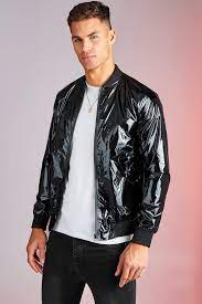 Men S High Shine Bomber Jacket Boohoo Bomber Jacket Distressed Denim Jacket Jackets