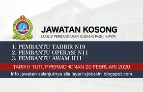 Majlis perbandaran teluk intan (mpti) ingin mempelawa rakyat malaysia yang berumur 18 tahun ke atas untuk mengisi pelbagai kekosongan yang dibuka seperti berikut Jawatan Kosong Majlis Perbandaran Kubang Pasu Mpkp 2020