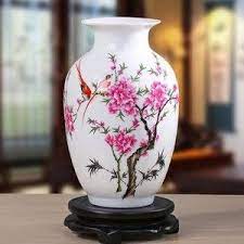 花瓶 中国伝統柄 景徳鎮 陶器製 回転式 台座付き 桃の花と小鳥 桃の花 花瓶 陶器