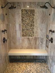 Barrier Free Shower Wall Tile 24 X 24 Porcelain Tile Pebble Mosaic Insert On Walls And Floor With Gra Bathroom Wall Tile Design Granite Shower Shower Wall Tile