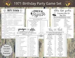 This can be done in 'pub style' with a host asking the questions and the guests writing the answers down, individually or in a team. 1971 50th Birthday Party Game Bundle Born In 1971 Birthday Etsy In 2021 50th Birthday Party Games Birthday Party Games 50th Birthday Party