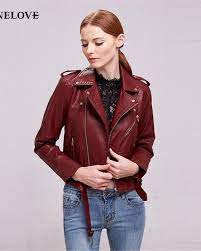 Junelove 2019 Women Autumn Winter Faux Leather Zipper Biker Jacket Female Casual Sashes Pu Jacket Coat Ladies Coat Leather Jacket Jackets Faux Leather Jackets