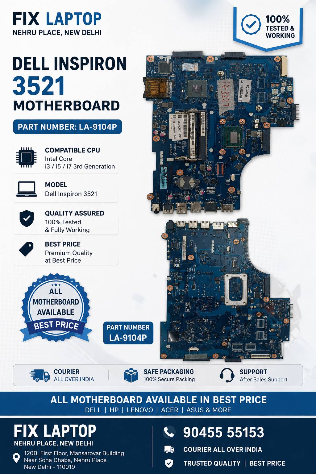 Dell Inspiron 3521 Motherboard LA-9104P | i3/i5/i7 3rd Gen product image