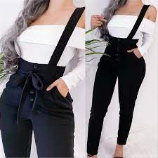 Maybe you would like to learn more about one of these? Women Fashion Black Suspender Pants High Waisted Buttons Decorate Casual Winter Autumn Trousers Wish