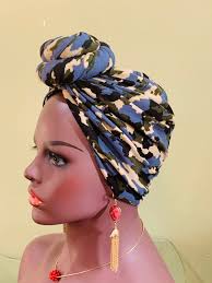 Pre-tied Turban, Camouflage Pre-tied Wraps, Pre-tied Stretch Head Wrap,  Chemo Cap, Alopecia Cap, Ready-to Wear Boho Headwrap, Knotted Turban