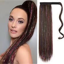Long Straight Ponytail Synthetic Hair Wrap Around Ponytail Clip in Hair  Extensions Brown Tinsel Laser Ponytail Colored Fack Hair