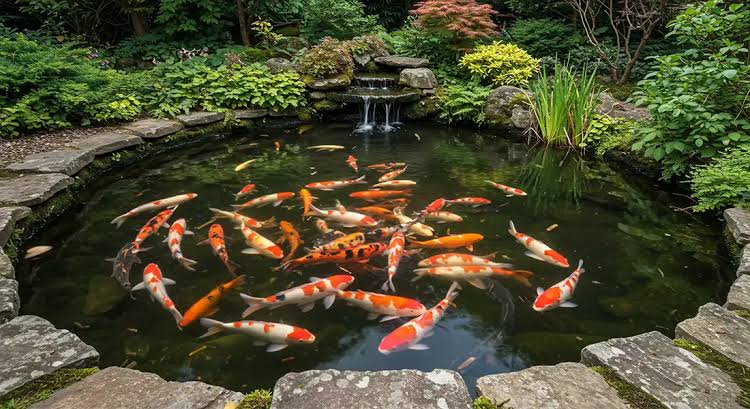 A custom-built koi pond featuring a cascading waterfall and natural stone coping., AI generated