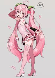 masasirai, hatsune miku, sakura miku, vocaloid, absurdres, highres, 1girl,  ahoge, breasts, grey background, groin, hair ornament, hands up, heart,  kneehighs, long hair, miniskirt, off shoulder, pink eyes, pink hair, simple  background, skirt,