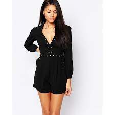 Influence Deep Plunge 70s Playsuit With Rivets Fashion Plunge Neckline Romper Fitted Romper