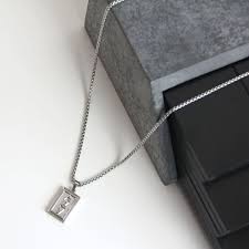 Silver Rectangle Pendant Necklace For Men or Women