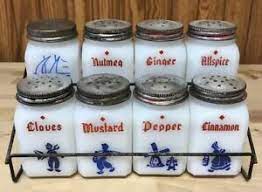 Vintage milk glass spice jars. Vintage White Milk Glass Spice Jars With Original Rack Set Of 8 Ebay