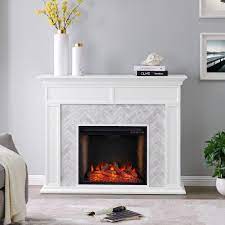 southern enterprises doris alexa enabled tiled marble 50 in electric smart fireplace mantel in white and gray hd014036 the home depot in 2021 home fireplace fireplace fireplace remodel