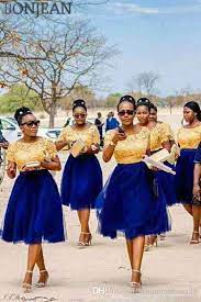 2021 Gold Lace South African Knee Length Bridesmaid Party Dresses A Line Royal Blue Tulle Square Country Wedding Party Prom Formal Gowns Vintage Bridesmaid Dres African Bridesmaid Dresses Royal Blue Bridesmaid