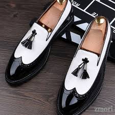 Black And White Loafers With Tassels Black White Tassels Glossy Patent Leather Loafers Flats Dress Shoes Dress Shoes Men Mens Dress Loafers Mens Black Dress Shoes