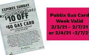 Right now, publix is offering customers a promotion where you can get $10 off $50 gas gift card w/ $50 grocery purchase. Publix Gas Card Week Valid 2 3 21 2 7 21 Or 2 4 21 2 7 21