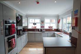 The greige wall color brings it all together to make a small space feel large and inviting. Grey Kitchen Units With Copper Handles Modern Kuche Wiltshire Von Flippa Interiors