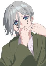 kani 410, margarette macaron, mashle, highres, 1boy, bishounen, blue eyes,  collared shirt, earrings, facial mark, green robe, grey hair, hair between  eyes, jewelry, looking at viewer, parted bangs, robe, shirt, short hair,