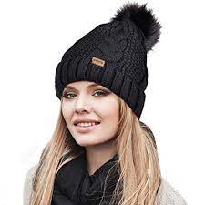 Simplicity Winter Hat Hand Knit Faux Fur Pompoms Beanie For Women Black At Amazon Women S Clothing Store Winter Knit Hats Beanie Hats For Women Winter Hats
