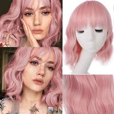 Meches Pour Tresses Africaine Leeven 14 Pouces Clair Rose Perruque Courte  Ondulu00e9e Bob Avec Frange Perruques Naturelle Bouclu00e9es Fer A Boucler