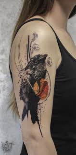 Koit Tattoo Artist From Berlin Black And Orange Graphic Style Crow Tattoo Cool Arm Piece With Some Abstract Style Bird T Raven Tattoo Arm Tattoo Crow Tattoo