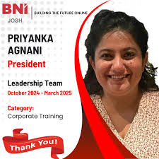 Thank You, President Priyanka! Leadership, learning, and a little  magic—that's how Priyanka Agnani led BNI Josh! ✨ As a corporate trainer,  she doesn't just teach—she transforms. With her unique approach (and a