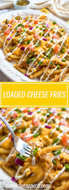 Loaded cheese fries are potato fries topped with cheese, ranch or sour cream (or our secret sauce), bacon, chives/green onion or any other toppings you love! Loaded Cheese Fries Recipe Queenslee Appetit Recipe Cheese Fries Recipe Food Cheese Fries