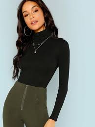 A necklace with a wider style pendant will create balance to the open space. Solid Form Fitting Turtleneck Top Shein Usa