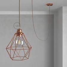 Industrial Swag Lamp Retro Pendant Lighting With Copper Diamond Light Bulb Cage Natural Brown Linen Cloth Wire
