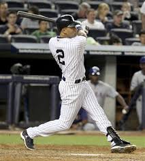 Game 115 Monday Aug 13 2012 New York Yankees Derek Jeter Doubles To Score A Run During The Seventh With Images New York Yankees Baseball Baseball Players